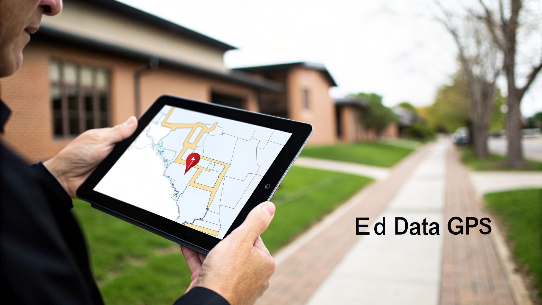 A person holds a tablet displaying a GPS map with a red pin, in an outdoor setting.