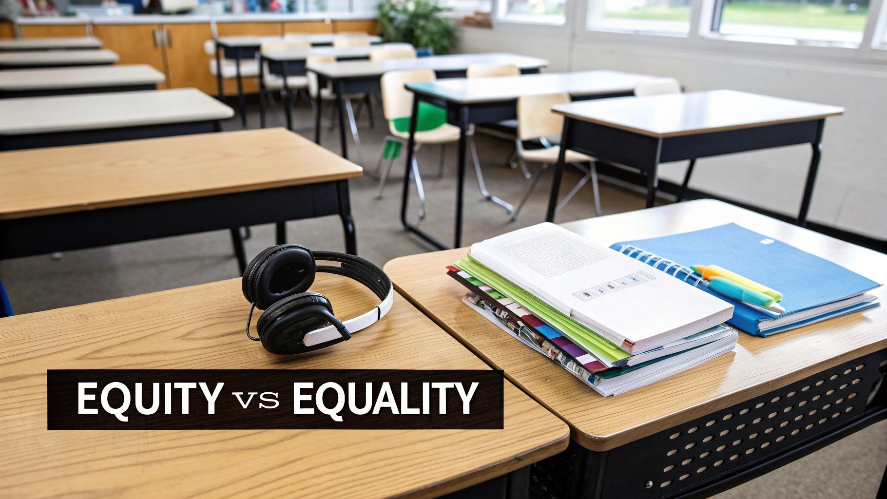 An empty classroom with desks, headphones, books, and highlighters, featuring a banner 'EQUITY vs EQUALITY'.