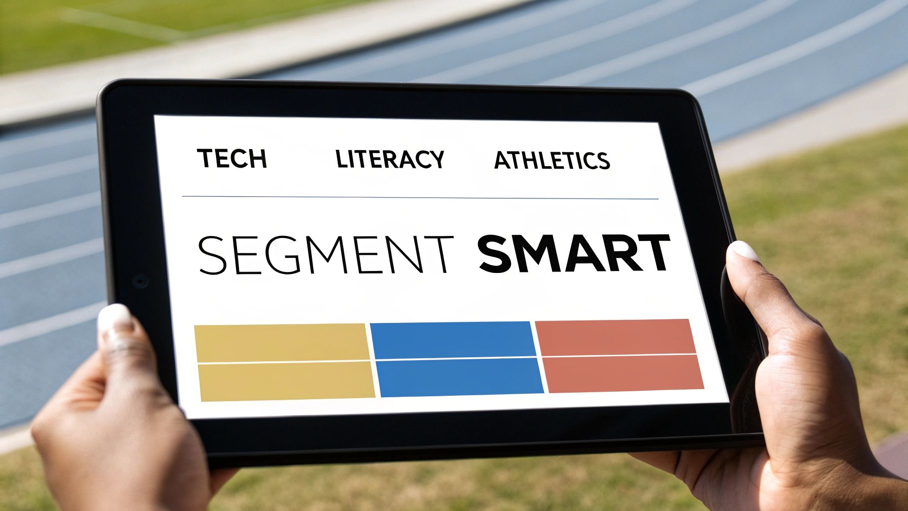 A person holds a tablet displaying 'TECH LITERACY ATHLETICS' and 'SEGMENT SMART' over an athletic track.