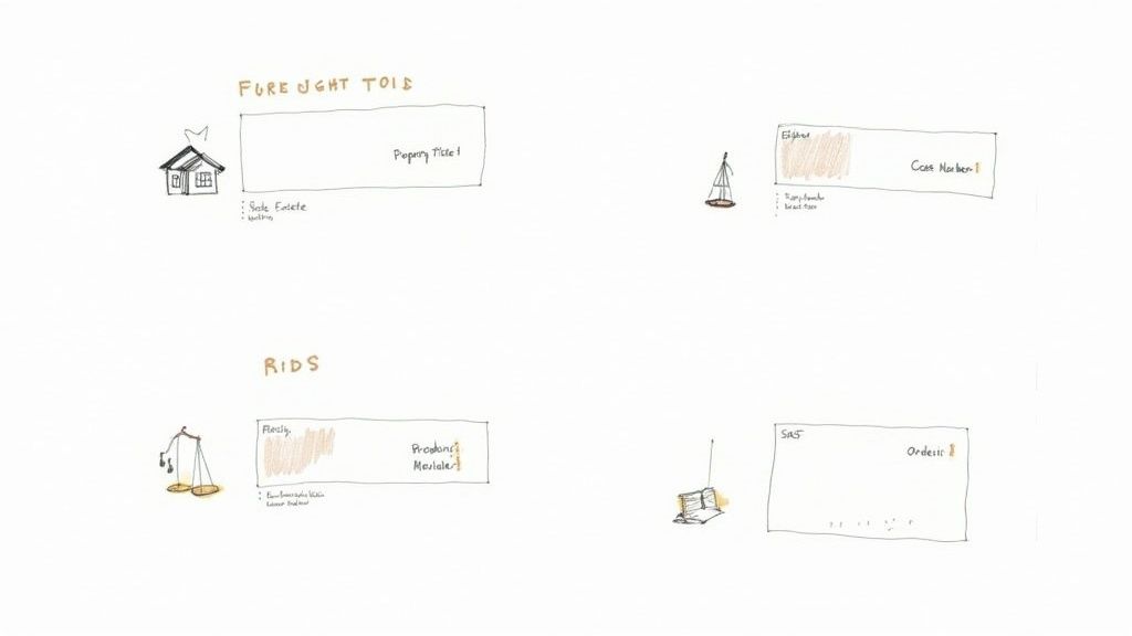 A hand-drawn concept map with four sections: property, maritime, justice, and orders, each with an icon.