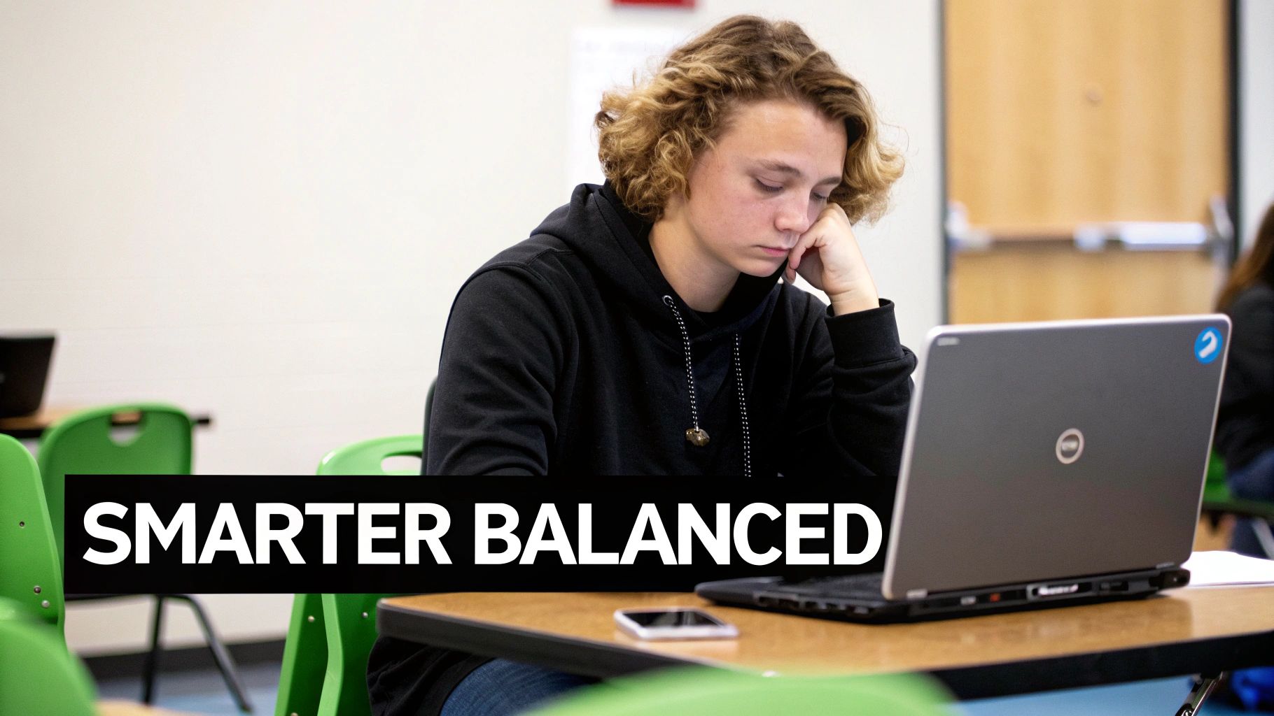 A focused student with curly hair uses a laptop in a classroom setting, with 'SMARTER BALANCED' text.
