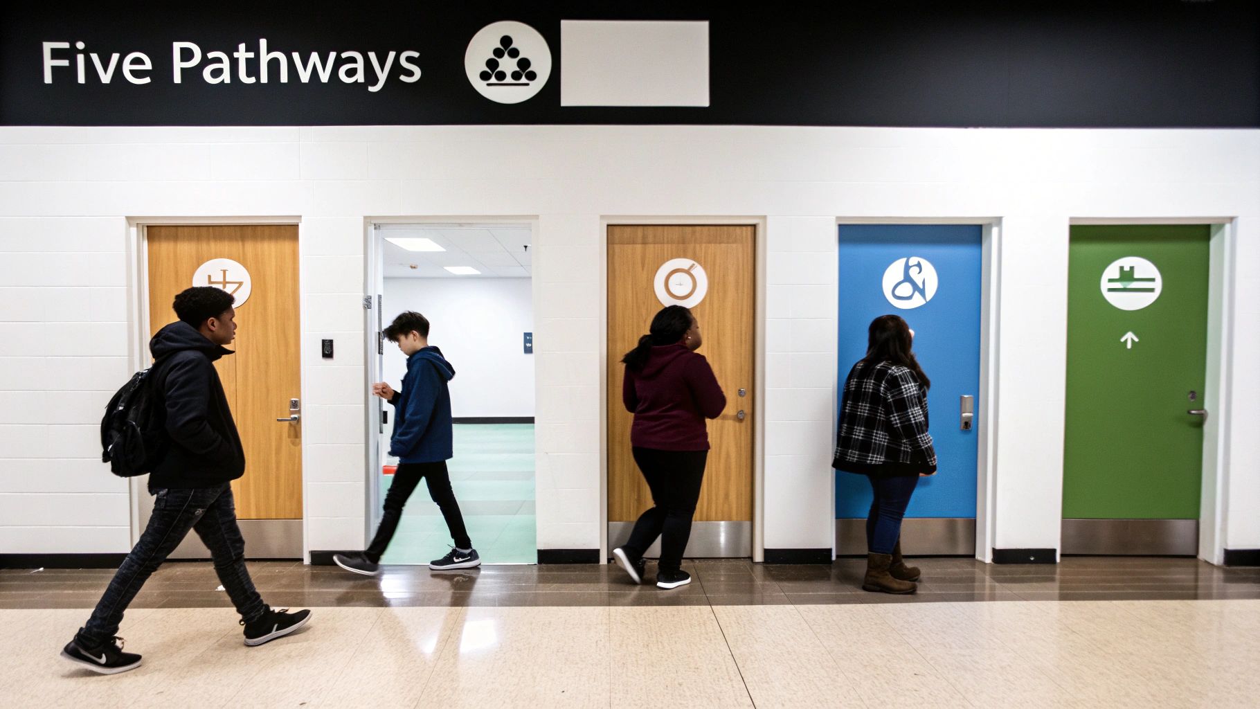 Students walk past five doors, each representing a different educational pathway in a school hallway.