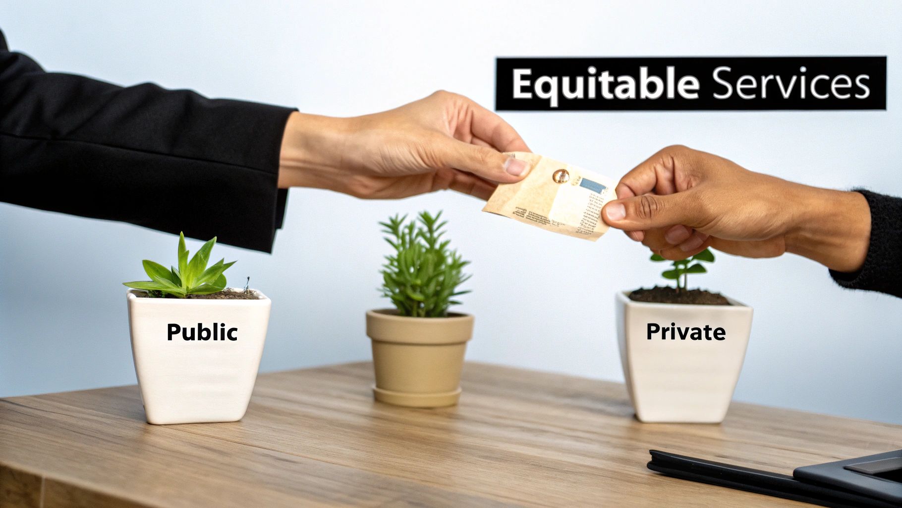 Hands exchange a document between 'Public' and 'Private' entities, symbolizing equitable funding services.