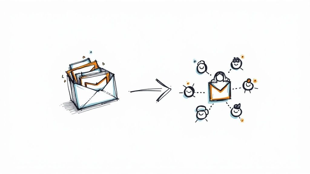 A hand-drawn illustration showing emails from an inbox being distributed to a network of people.