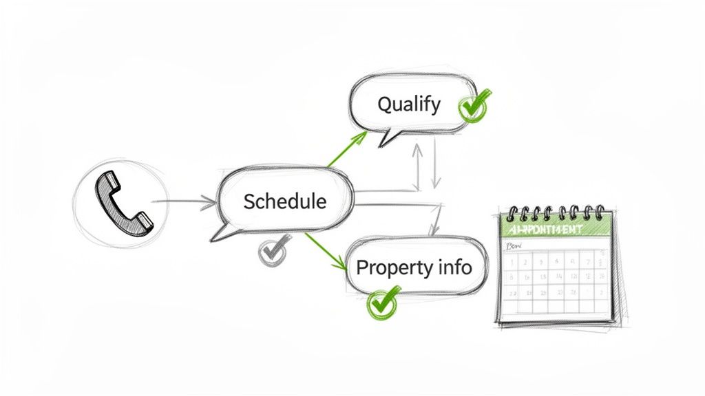 Flowchart diagram illustrating a real estate process: phone call, scheduling, qualification, property information, and appointment.