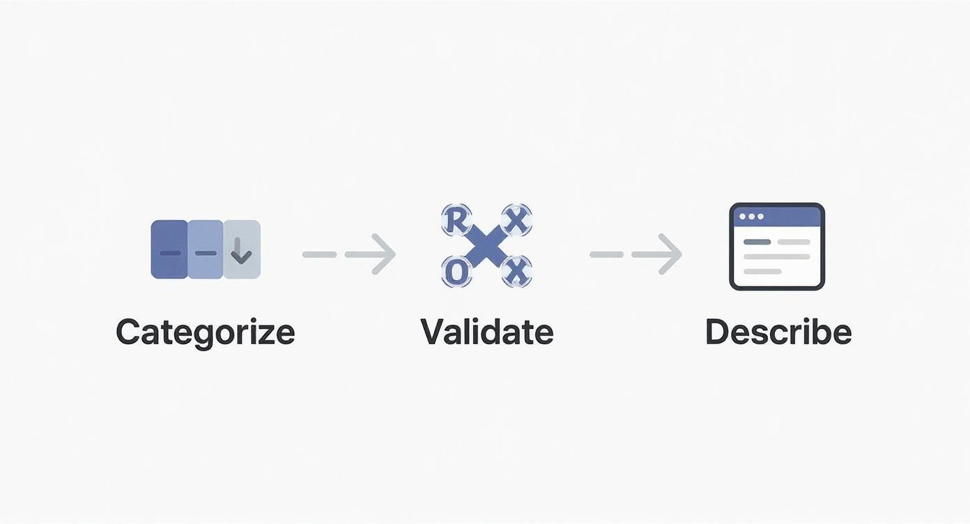A three-step process diagram illustrating categorize, validate, and describe actions with respective icons.