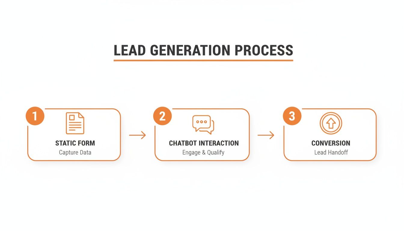 A three-step lead generation process flow diagram showing static form data capture, chatbot interaction, and conversion.