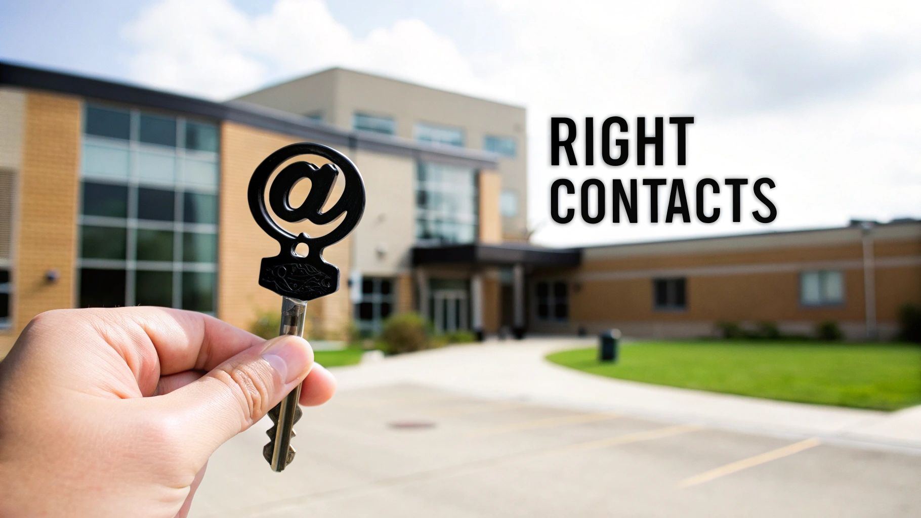 A hand holds a black key with an at-symbol (@) design in front of a modern school building.
