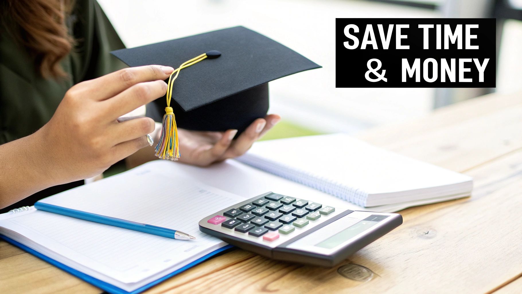 A student holds a graduation cap, with a calculator and notebooks on a desk, illustrating saving time and money.