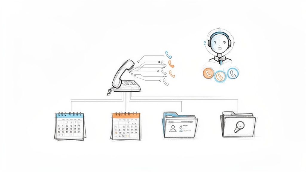 Diagram of an inbound call management system, linking calls to an agent, calendars, and customer data.