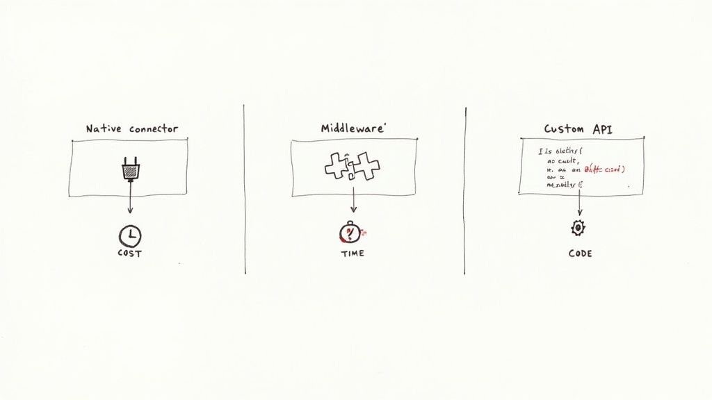 Diagram illustrating three integration methods: native connector (cost), middleware (time), and custom API (code).