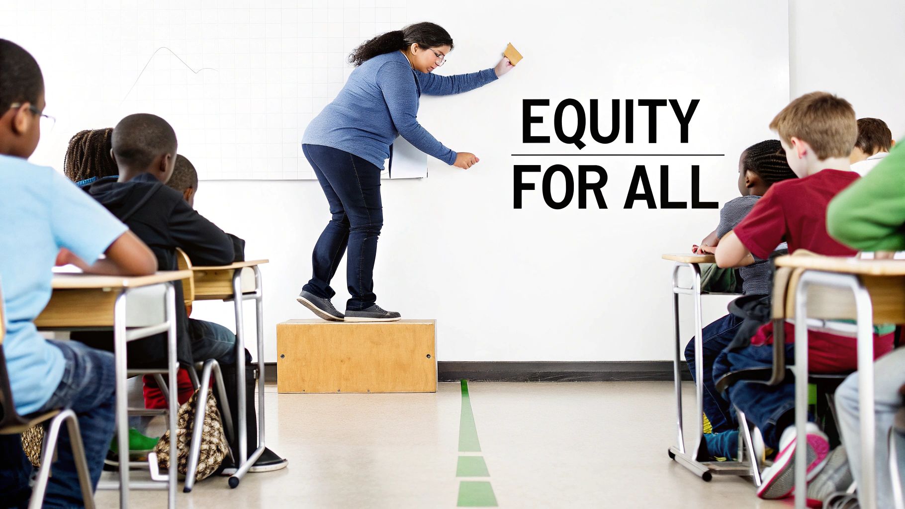 A teacher stands on a box writing 'Equity for All' on a whiteboard in a diverse classroom with students.