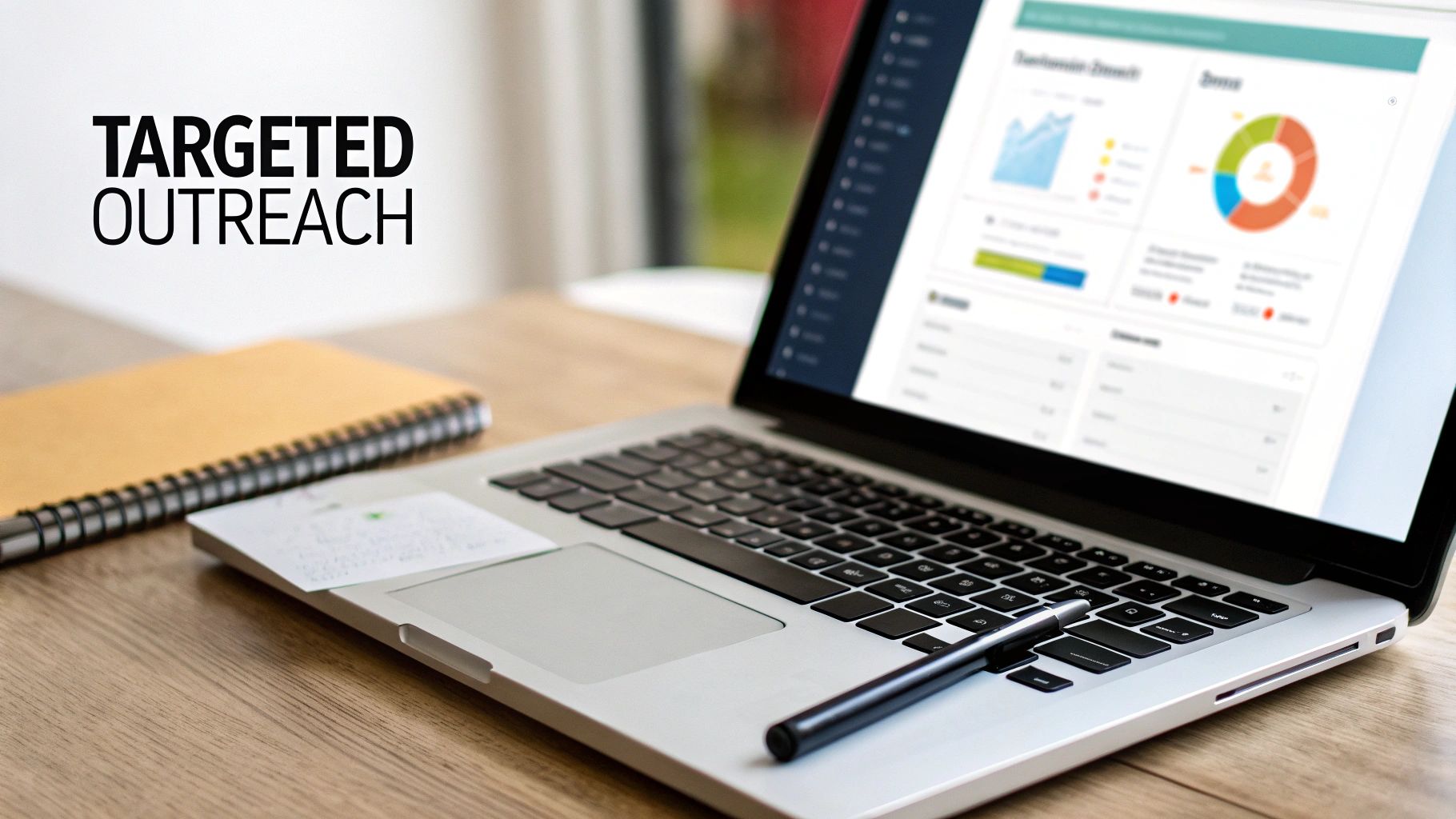 A laptop on a wooden desk displays business analytics and charts, next to a notebook. Text reads TARGETED OUTREACH.