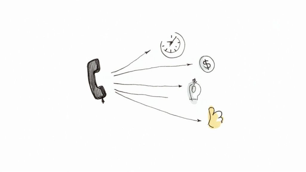 A sketch of a phone receiver with arrows leading to icons representing time, money, ideas, and satisfaction.