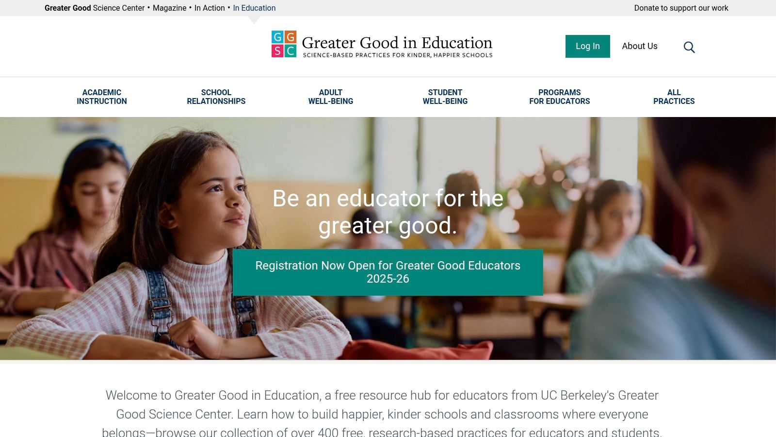 Greater Good in Education (UC Berkeley) website showing SEL practices for educators and students.