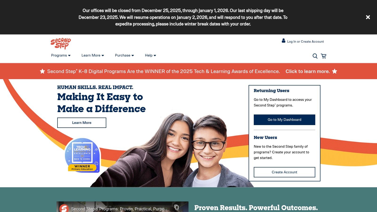 A screenshot of the Second Step (Committee for Children) website homepage, highlighting their K-12 educational programs.