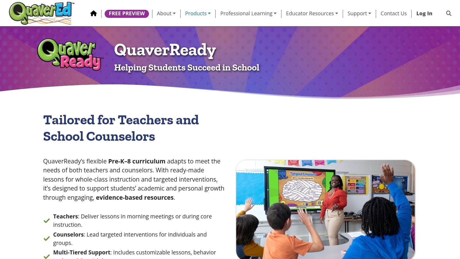 A classroom of young students engaged in an SEL activity, reflecting the interactive nature of QuaverReady's curriculum.