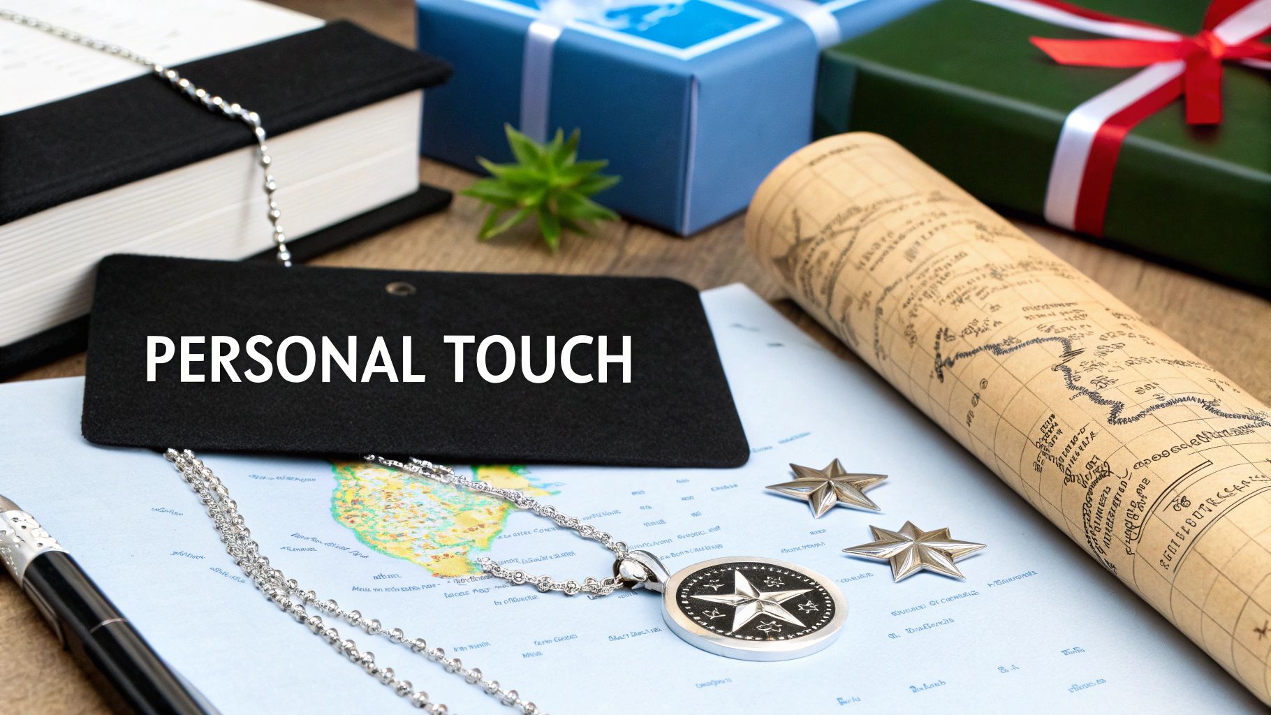 A black pouch with 'PERSONAL TOUCH' text, a compass necklace, map, and gift boxes.