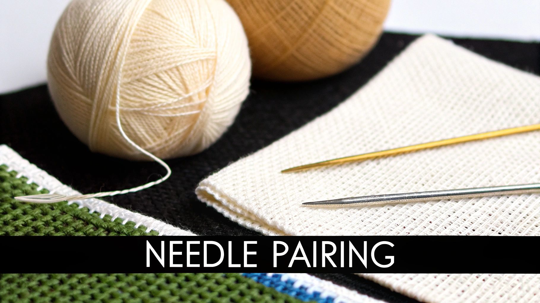 Close-up of knitting needles, cream yarn, and fabric with the text 'NEEDLE PAIRING' in a black banner.