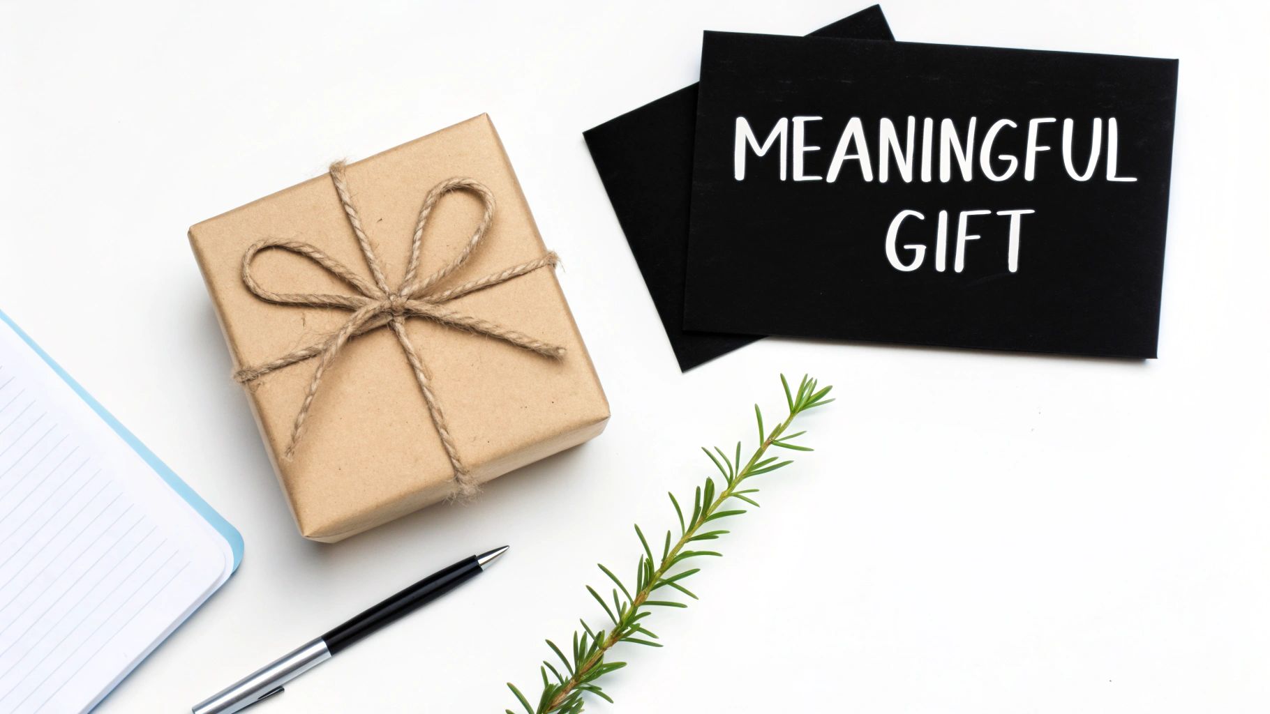 A flat lay of a brown gift box, a black card with "MEANINGFUL GIFT," a pen, notebook, and rosemary.