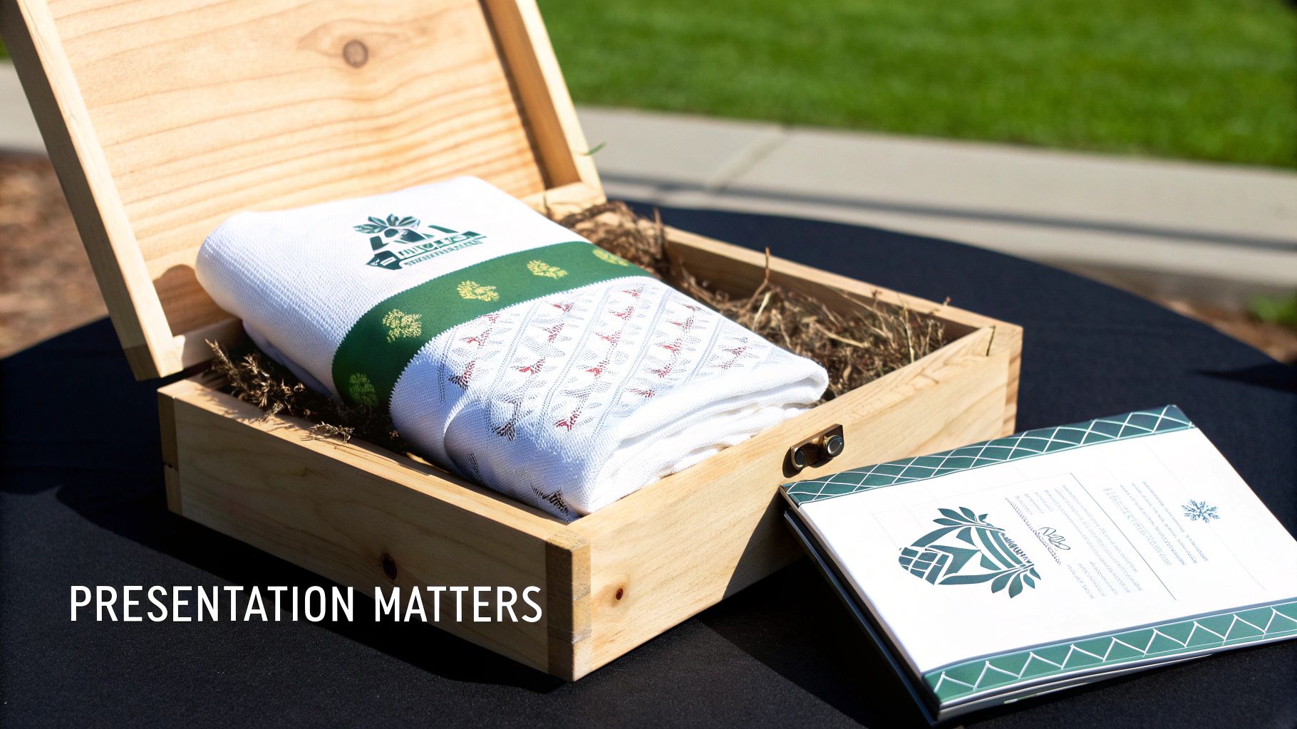 An open wooden gift box contains a neatly folded white towel with green accents and a matching booklet.