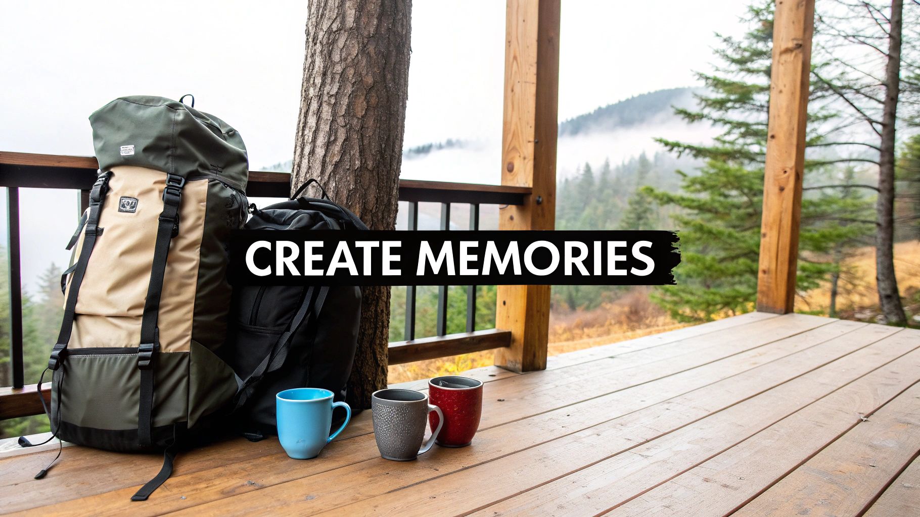 Two hiking backpacks and three mugs on a rustic wooden deck with a misty forest view.