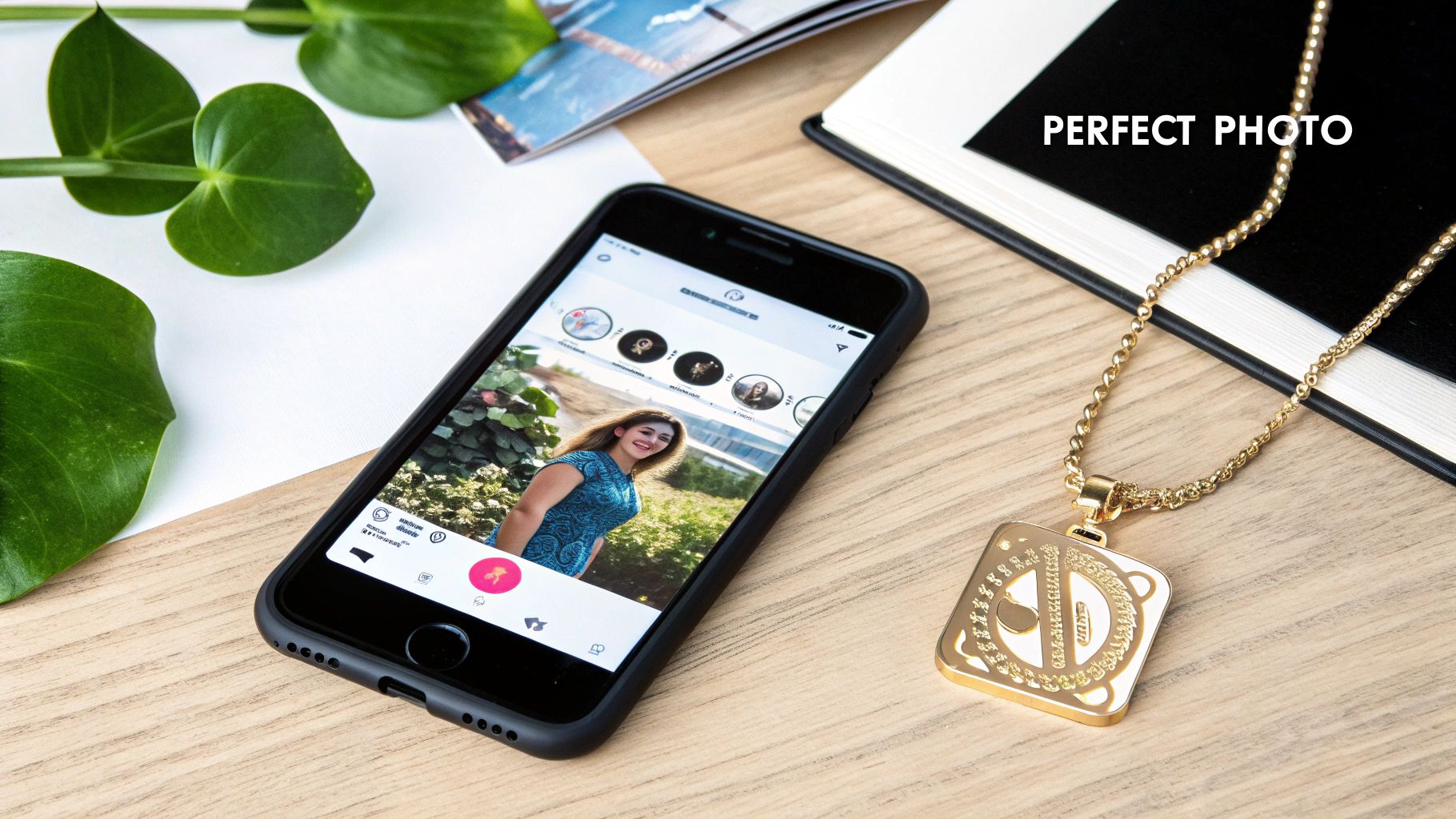 A gold personalized photo pendant lies on a wooden desk next to a smartphone displaying a woman's picture.