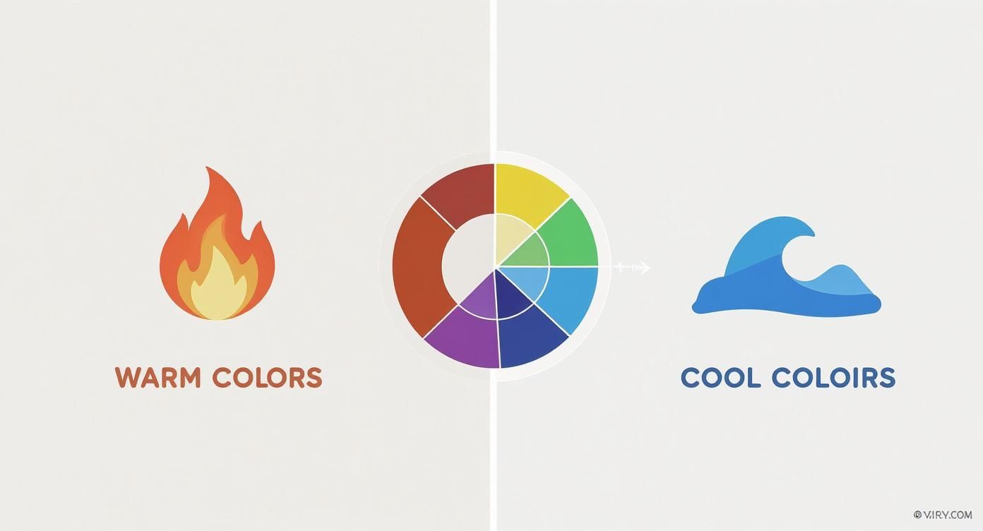 Color wheel diagram showing warm colors with fire icon and cool colors with wave icon