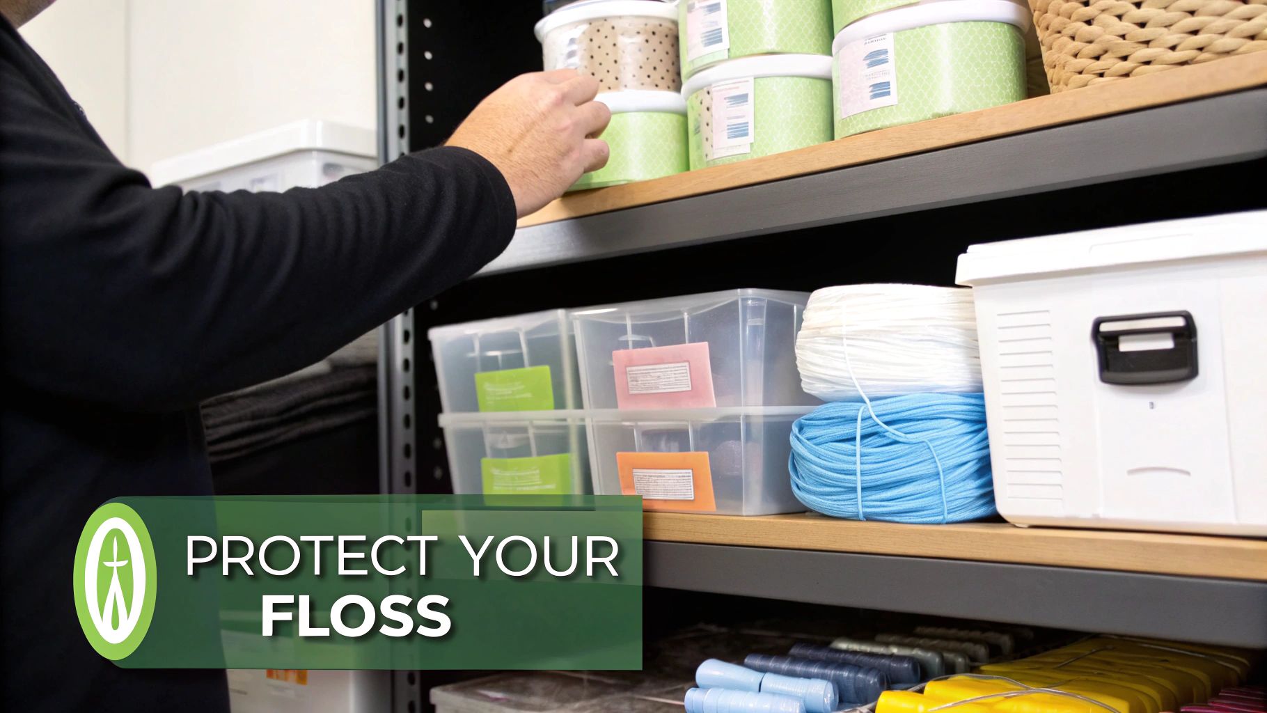 A person organizes spools of colorful embroidery floss and craft supplies on shelves for protection and storage.