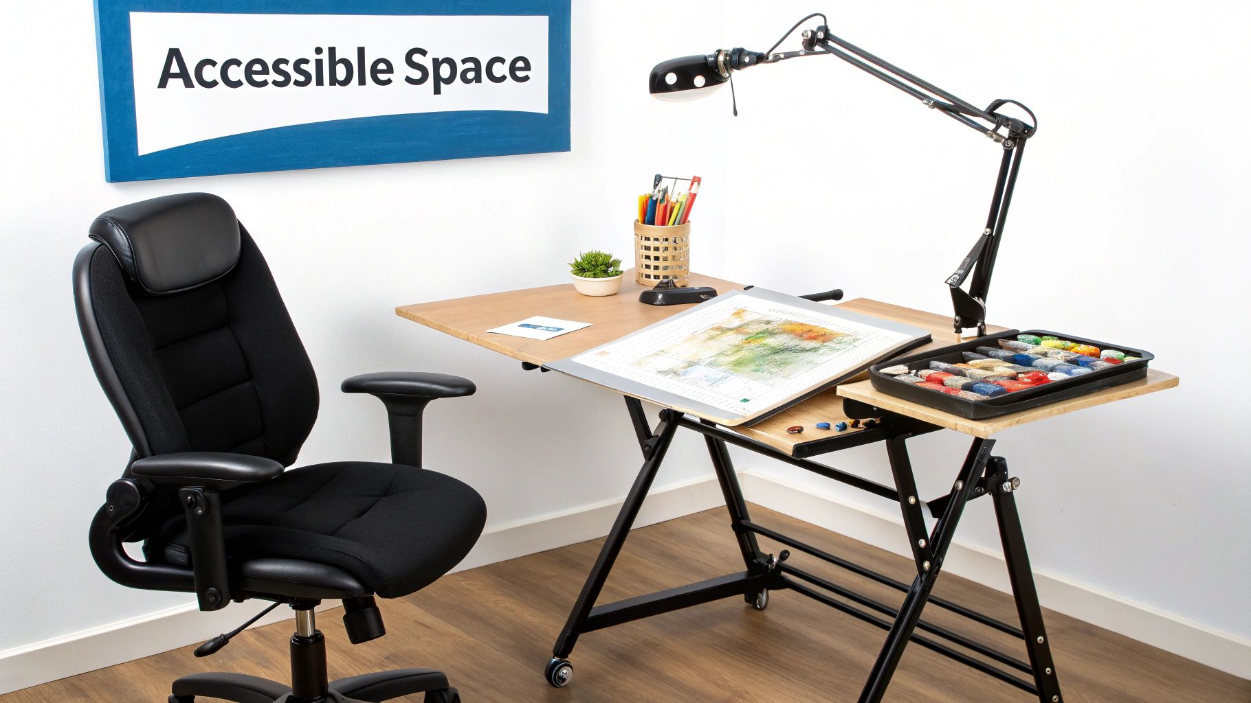 An accessible workspace with a paint-by-numbers kit on a drawing desk, office chair, and lamp.