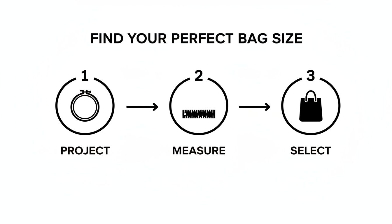 Three-step process explaining how to find your perfect bag size for projects.