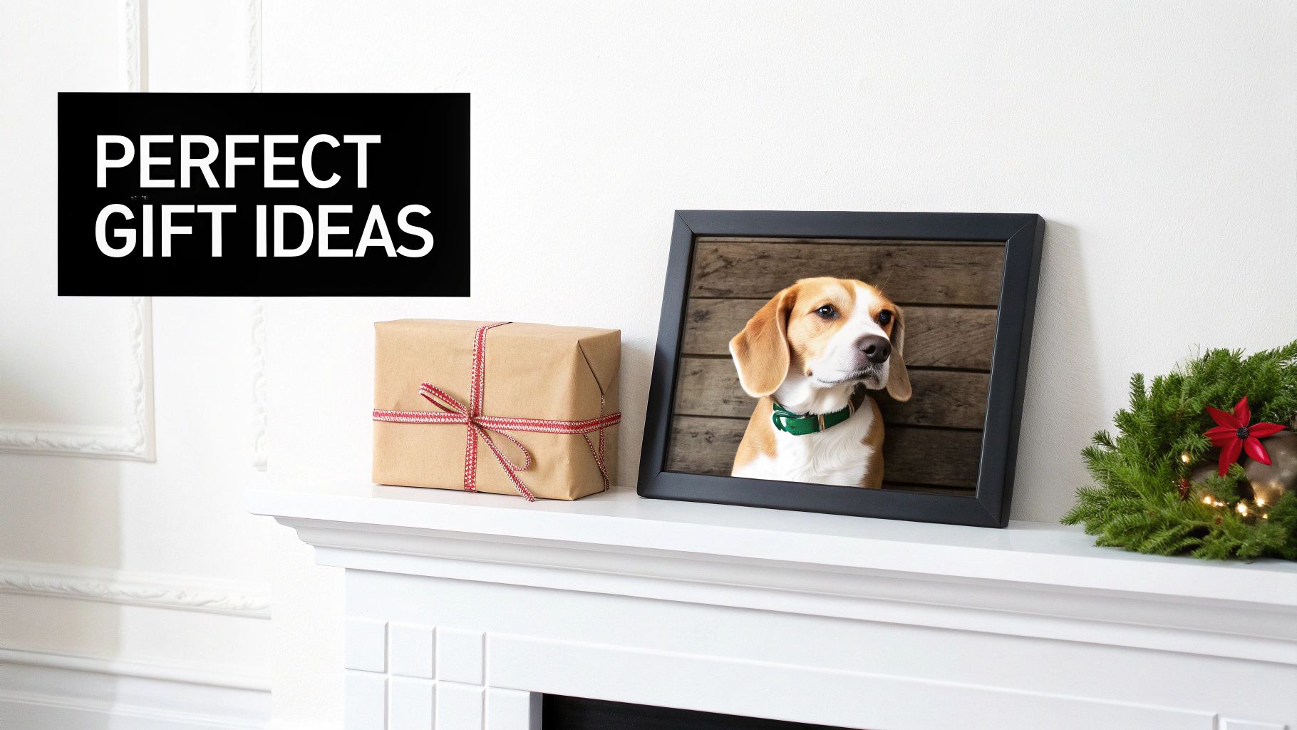 A mantelpiece with 'PERFECT GIFT IDEAS' sign, a wrapped gift, a framed beagle dog picture, and a Christmas wreath.