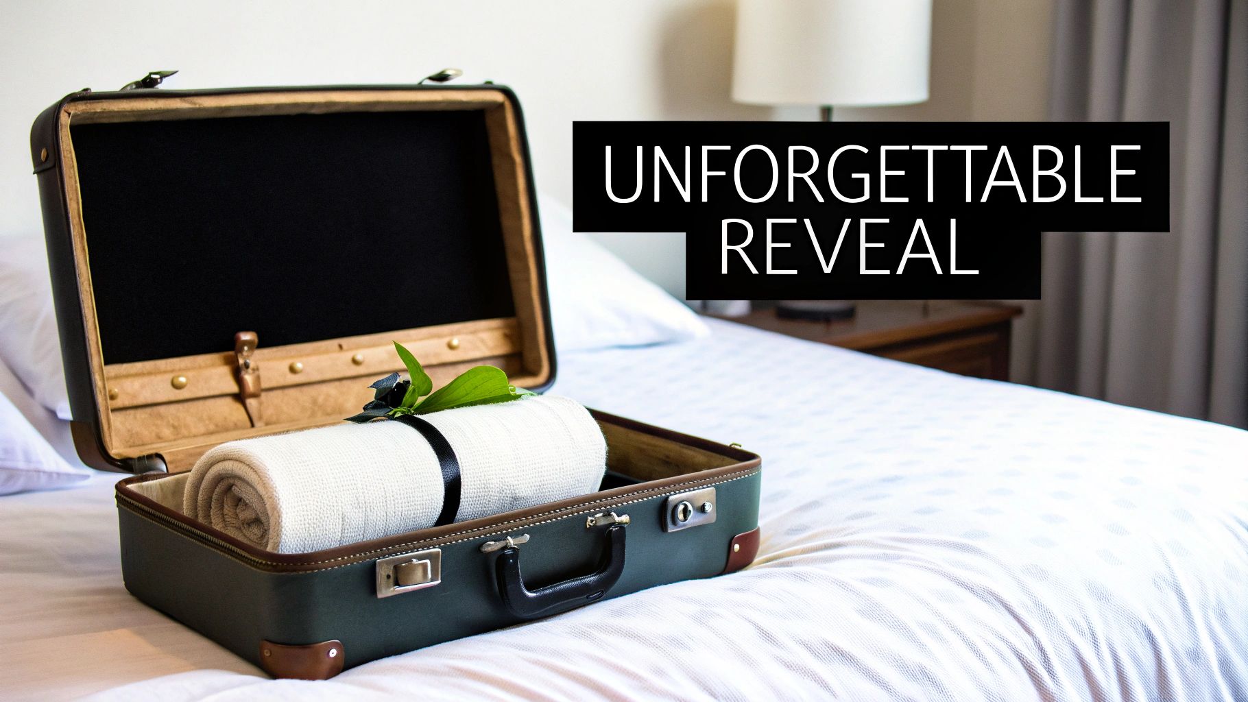 An open vintage-style suitcase on a white bed contains a rolled white towel with a black ribbon and green leaf.