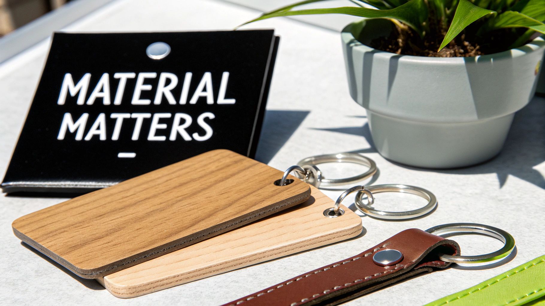 Keychains made of wood and leather, material samples, and a 'MATERIAL MATTERS' sign with a plant.