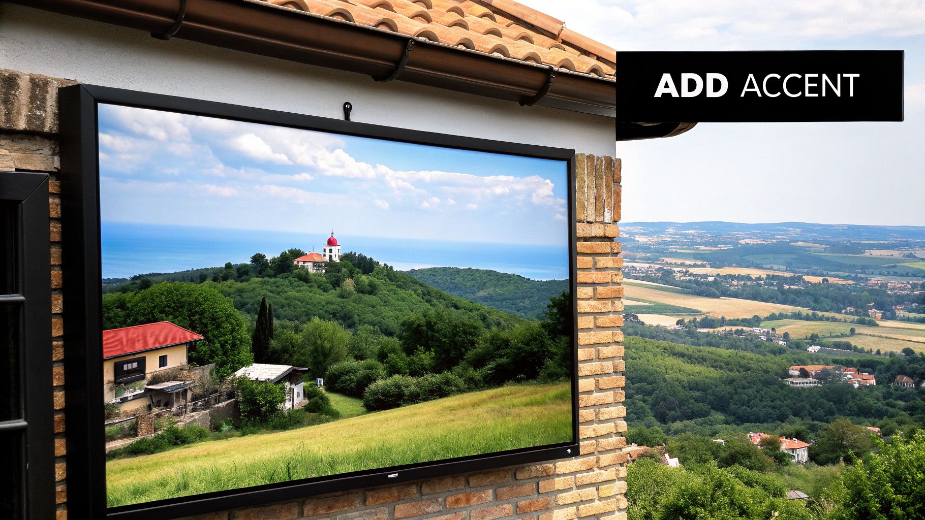 A painting of a forest scene with analogous greens and blues, highlighted by a small, contrasting red bird on a branch.