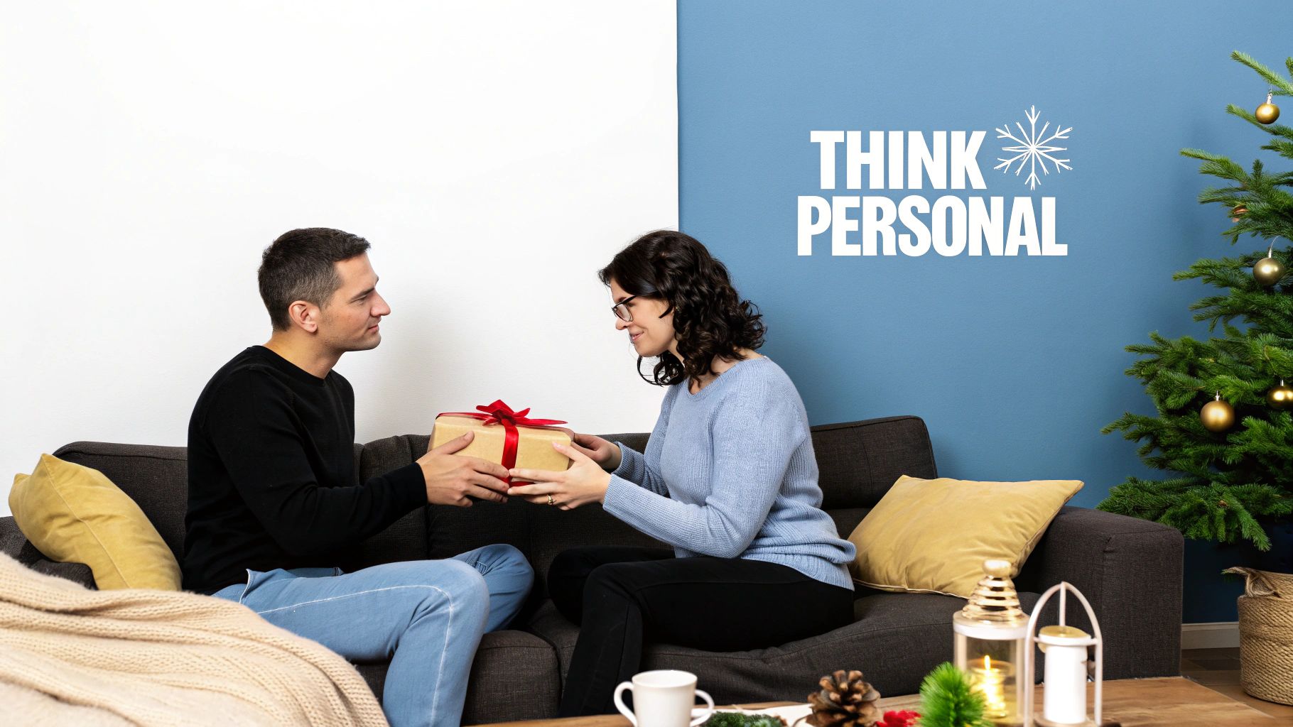 A smiling couple exchanging a Christmas gift on a sofa, with a festive tree.