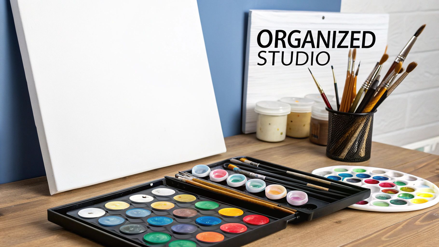 A person's hands painting a paint-by-number canvas on a well-organized wooden desk with paint pots and brushes neatly arranged.