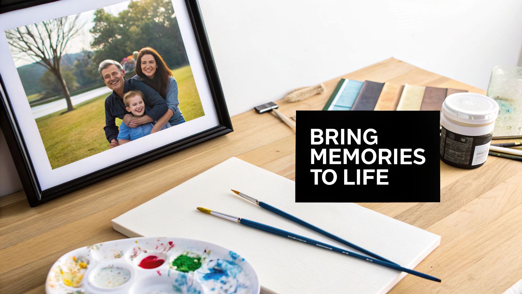 A framed picture of a happy family next to paintbrushes, a canvas, and paints on a wooden table.