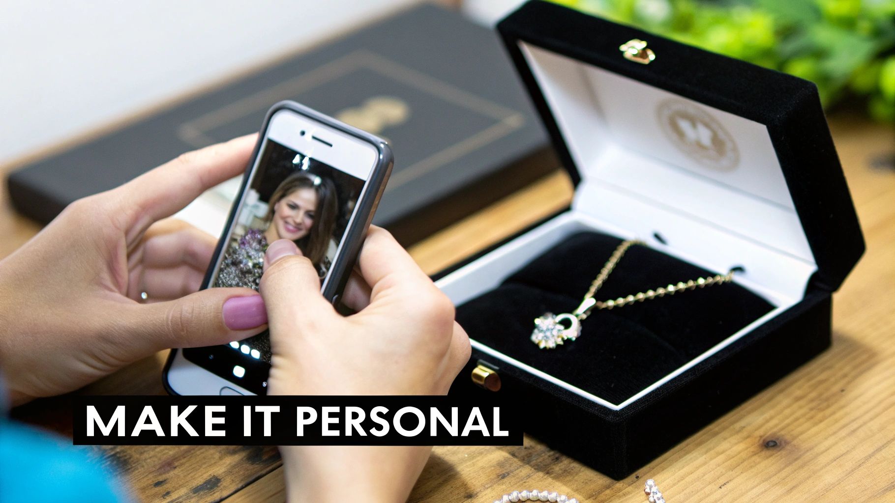Hands holding a smartphone displaying a smiling woman's photo next to an open jewelry box with a diamond necklace.
