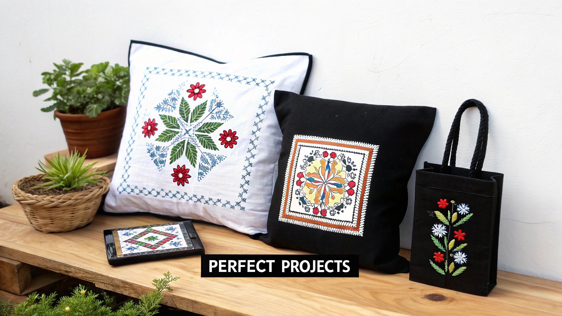 Two embroidered cushions, a small bag, a tablet, and potted plants on a wooden table.
