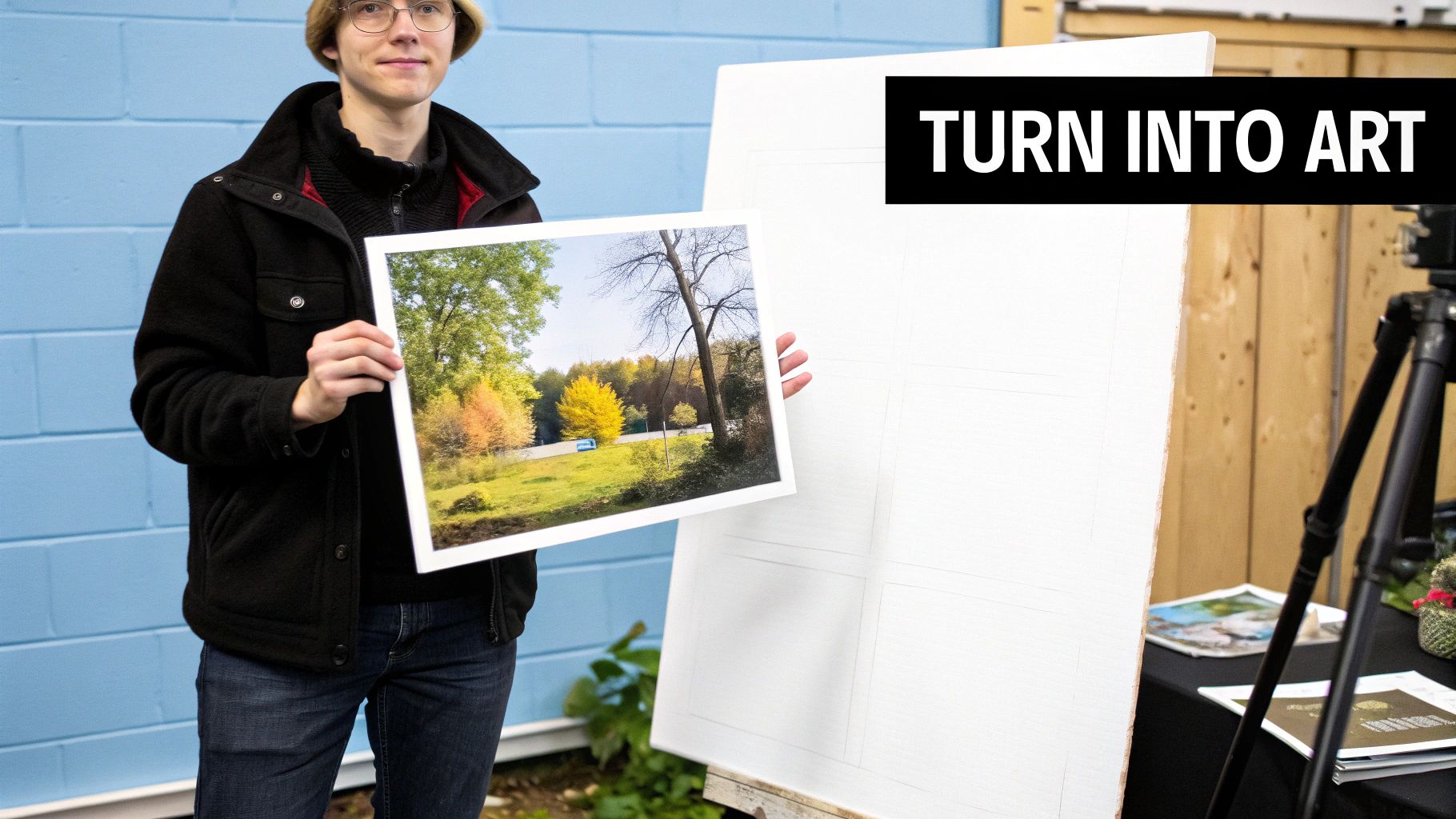 Woman painting a custom paint-by-numbers canvas created from a personal photo of her dog.