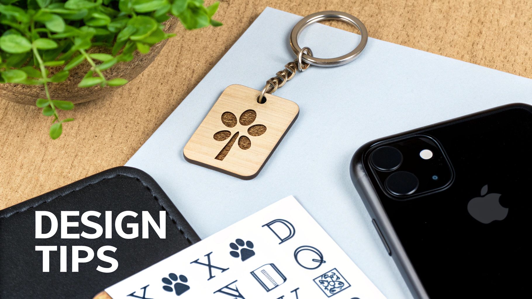 An engraved wooden keychain with a flower design, a black iPhone, and 'DESIGN TIPS' text.