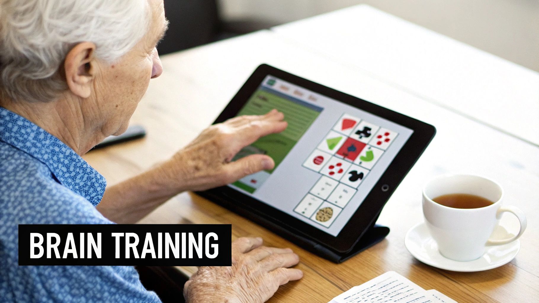 An elderly person uses a tablet for brain training, playing a cognitive game, with a cup of tea nearby.