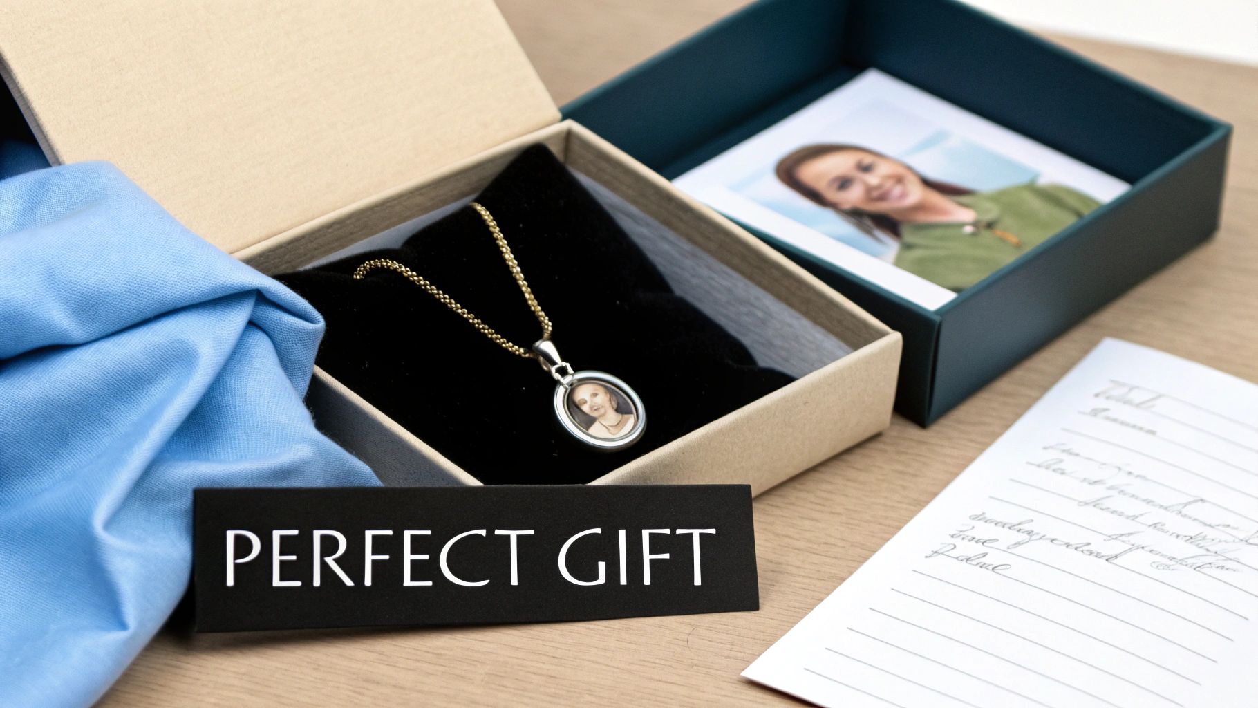 Person holding a picture charm necklace gift box