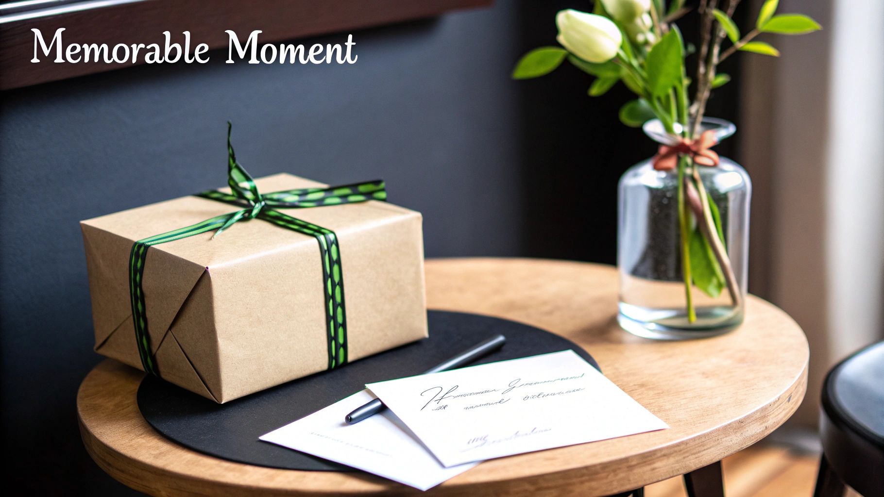 A beautifully wrapped brown gift box with green ribbon, handwritten cards, and white tulips on a wooden table.