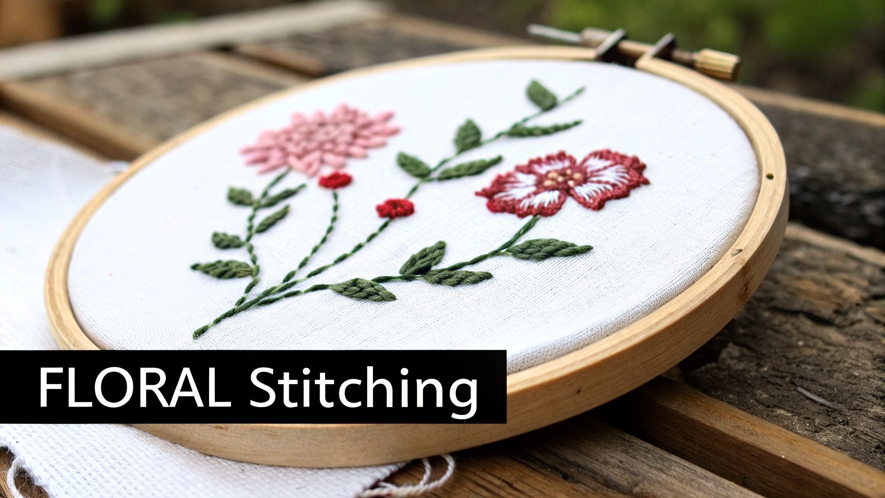 Close-up of a white fabric in an embroidery hoop featuring beautiful floral stitching.