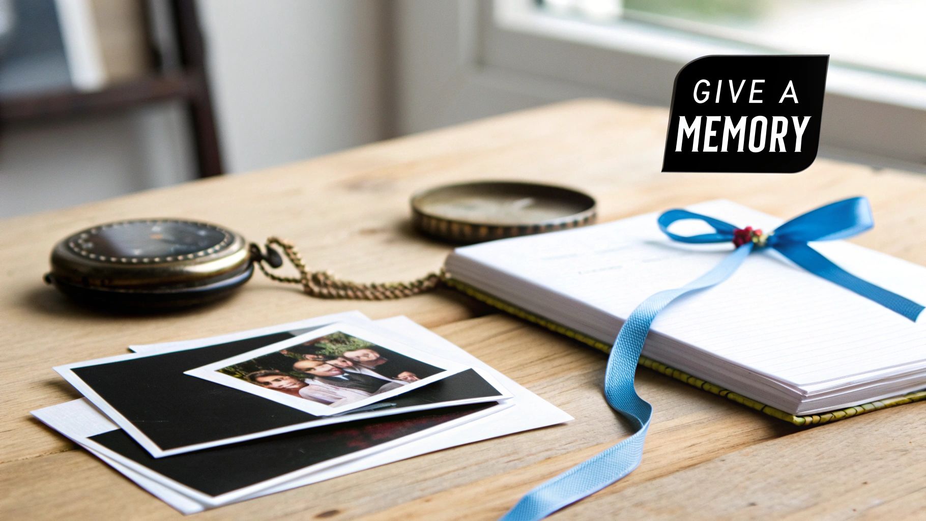 A vintage pocket watch, instant photos, and a ribbon-tied notebook on a wooden table, symbolizing memories.