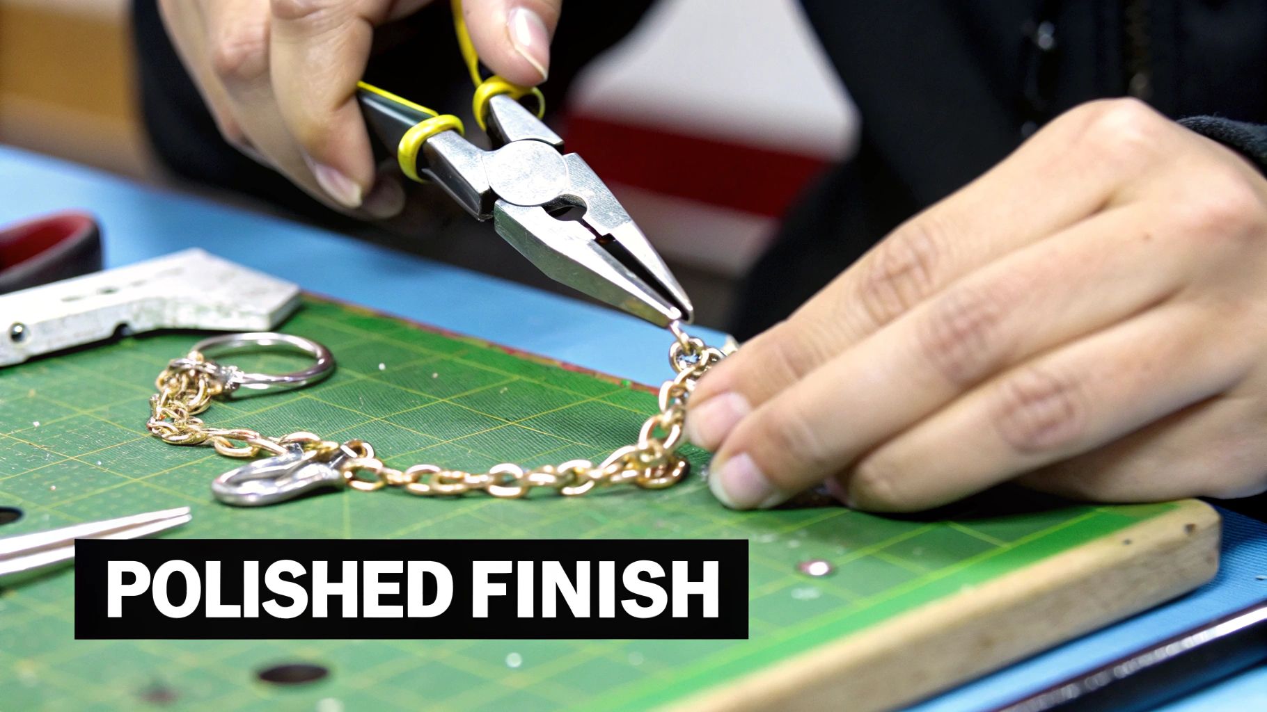 Close-up of hands using pliers to assemble a gold chain on a green cutting mat.
