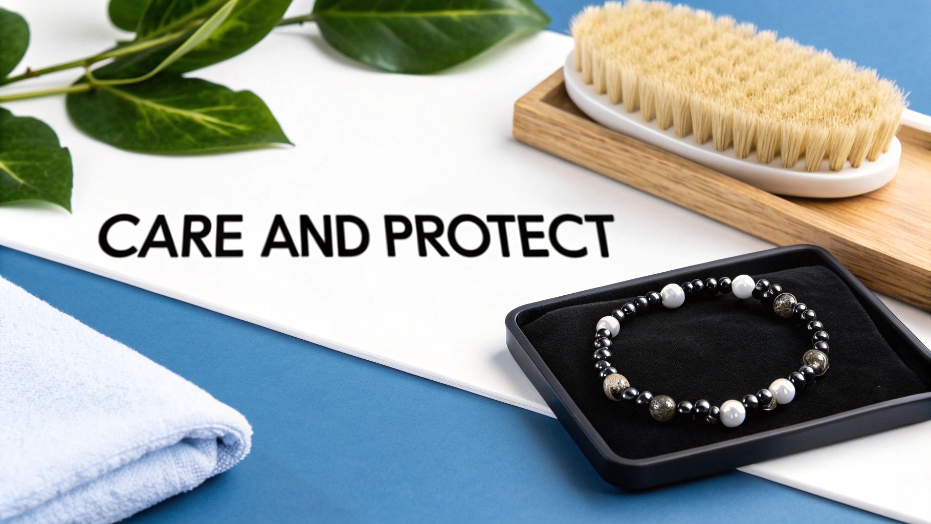 Flat lay with a care message, bracelet, body brush, and towel, promoting self-care and protection.
