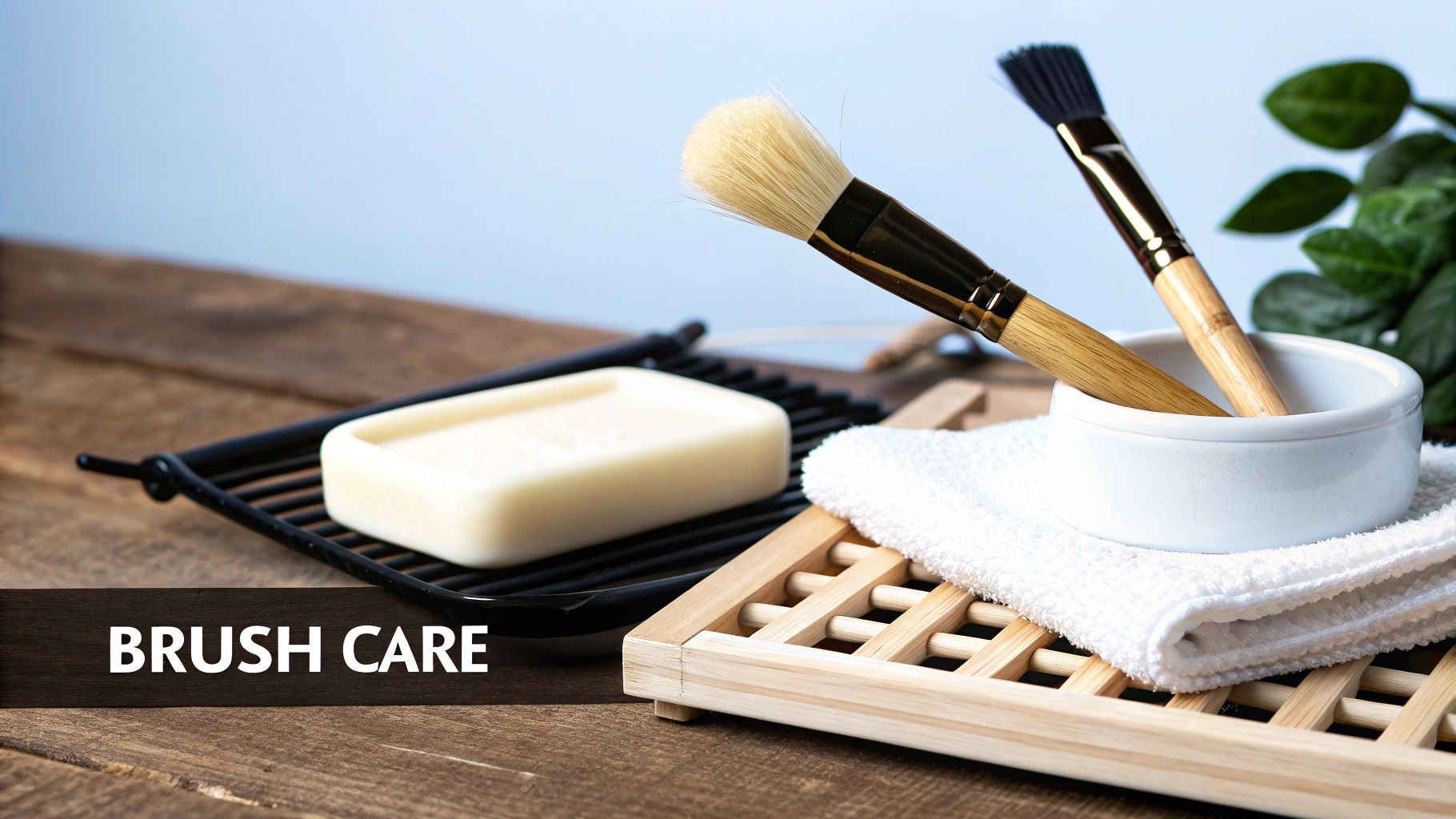 Makeup brushes, bar of soap, and a white towel laid out for a brush cleaning routine.